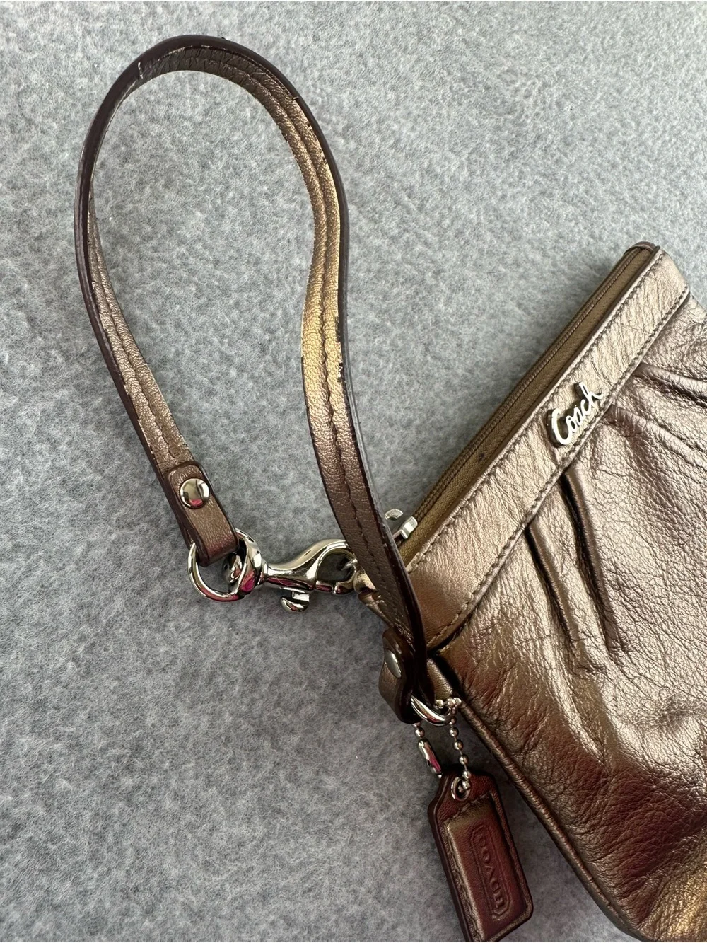Coach Metallic Bronze Pleated Zip Wristlet